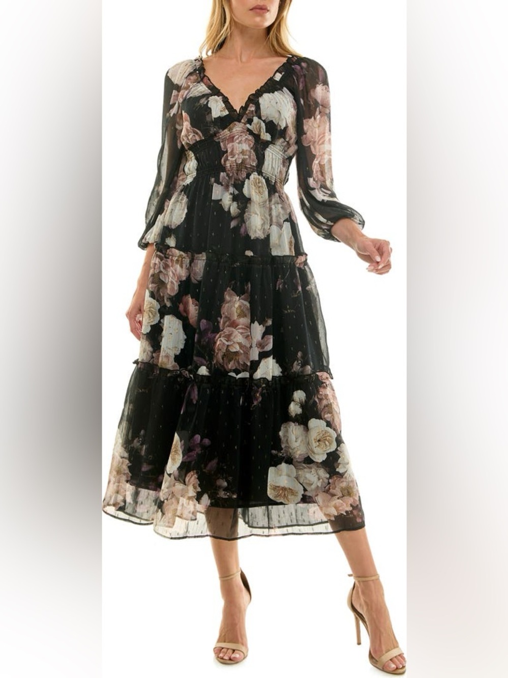 NEW! Socialite Floral Balloon Sleeve Tired Midi Dress